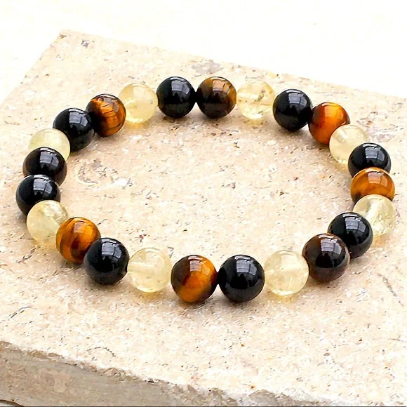 Citrine, Tiger eye & tourmaline beaded Stretch bracelet - Picture 1 of 2